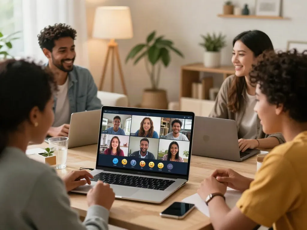 Engaging virtual chat showcasing spicy chat AI interaction among friends in a cozy home setting.