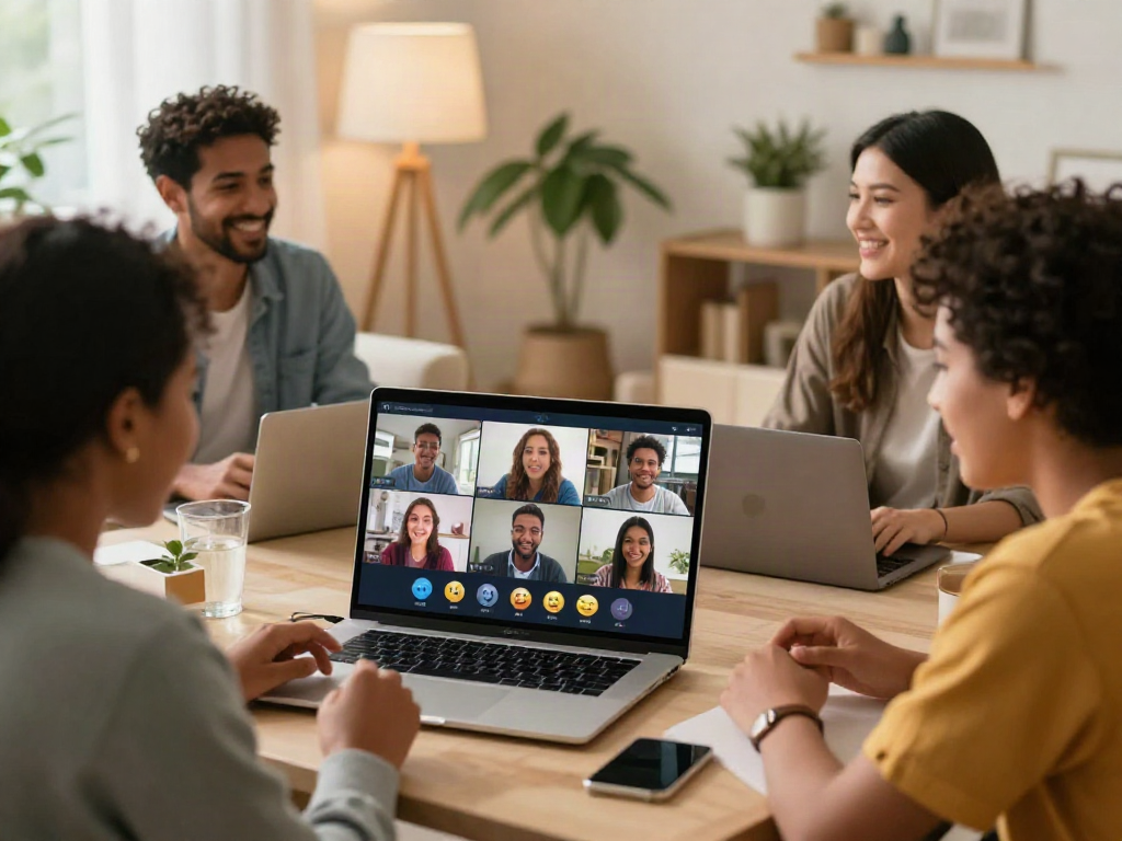 Engaging virtual chat showcasing spicy chat AI interaction among friends in a cozy home setting.