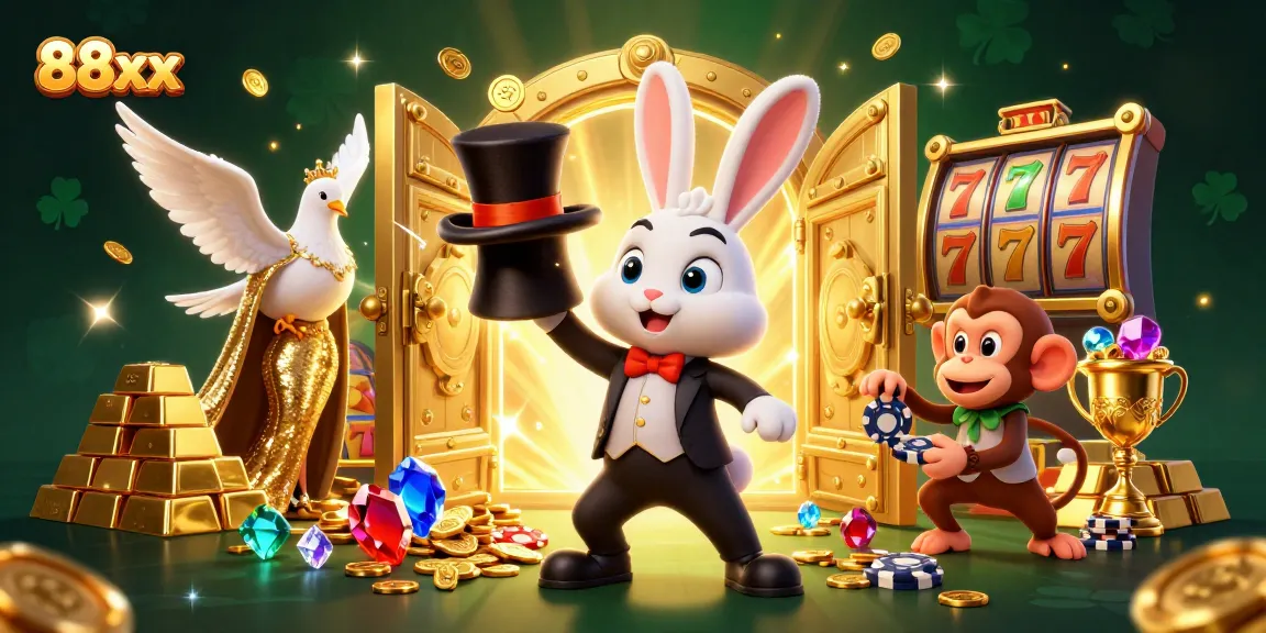 Experience thrilling gameplay at 88xx while watching a whimsical scene of a magician rabbit pulling coins and poker chips.
