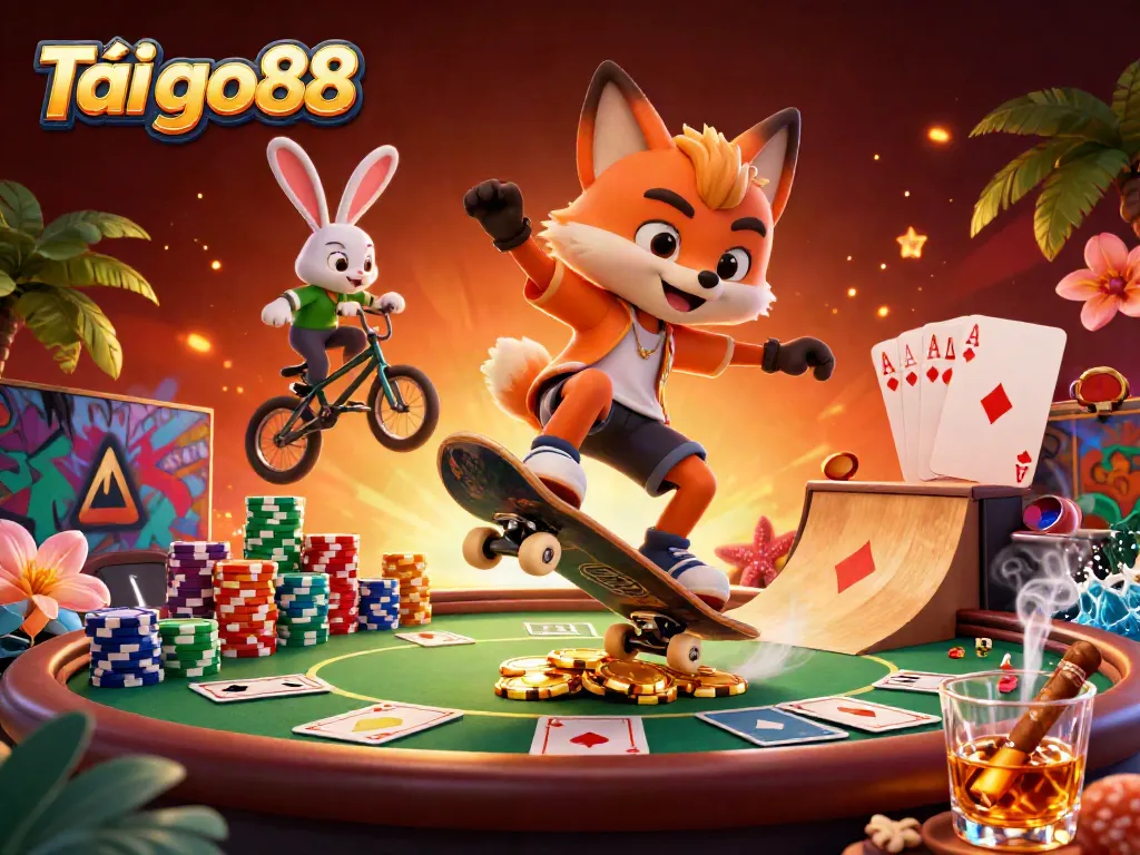 Engaging scene depicting Tải go88 with dynamic casino characters performing tricks and surrounded by vibrant gambling elements.