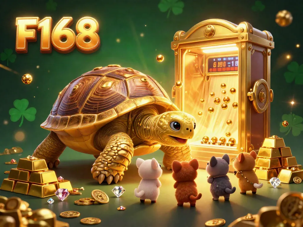 Experience exciting gameplay at F168 with a 3D illustrated scene featuring a golden tortoise and dynamic casino elements.