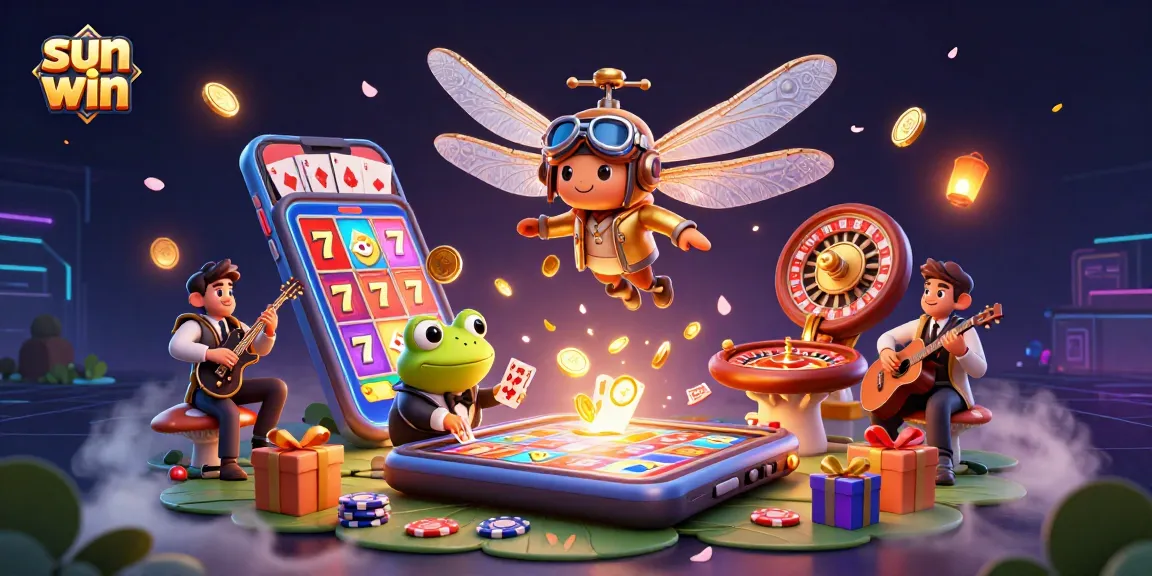Win with Sun Win at a vibrant lily pad casino, featuring a dragonfly pilot and frog dealer