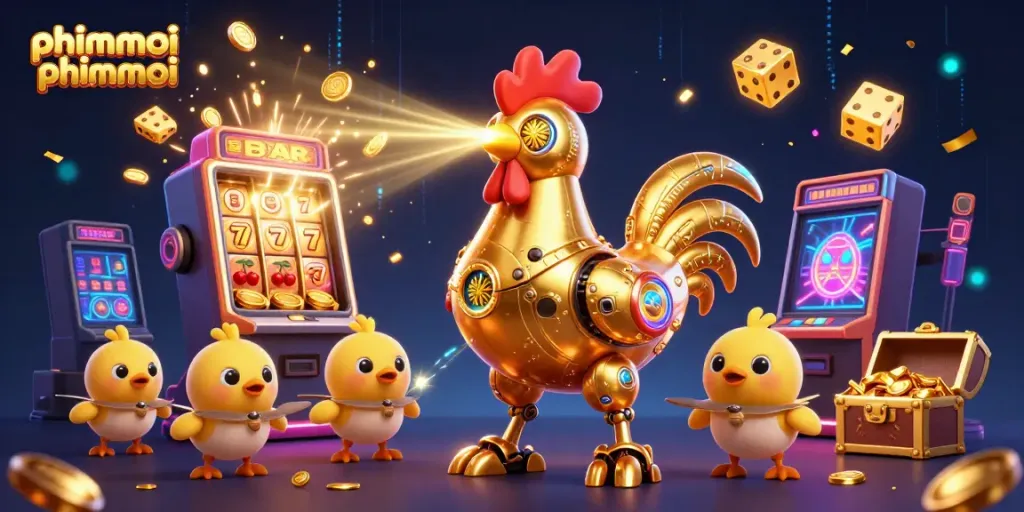 Engage with phimmoi phimmoi in this vibrant casino scene featuring a golden rooster robot and baby chick drones.