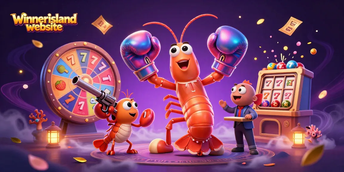 Engage with the winnerisland website through a dynamic casino scene featuring vibrant slot elements and lively characters.