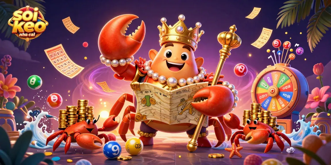 Soi keo nha cai with a golden crab emperor overseeing a vibrant casino scene of lottery elements and winnings.
